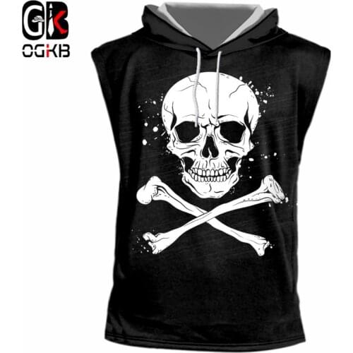 OGKB New Fashion Cap Vest Singlet Print Skeleton Bone 3d Hooded Tank Top Black Man Hiphop Sleeveless Hoody Drawstring Tracksuits