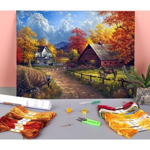 Landscape House Printed Canvas 11CT Cross-Stitch Complete Kit DIY Embroidery DMC Threads Knitting Handiwork Painting Decor