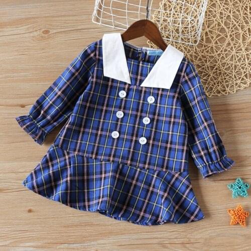 Girls' Dresses New School Style Girls Clothing Long Sleeve Lapel Plaid Pattern Children Kids Dresses