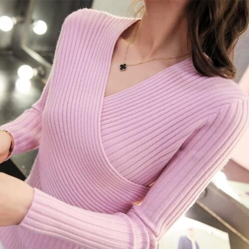 Sexy V Neck Knitted Sweaters Tops Women Spring 2019 Long Sleeve Elastic Sweaters Slim Knit Bottoming Shirt Female Pullover 1051
