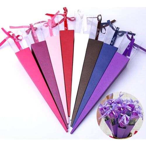 Single Flower Rose Box PVC Triangular Box Bouquet Wrapping Paper Plastic Paper Bags Boxes Cases For Flowers Gifts Packaging