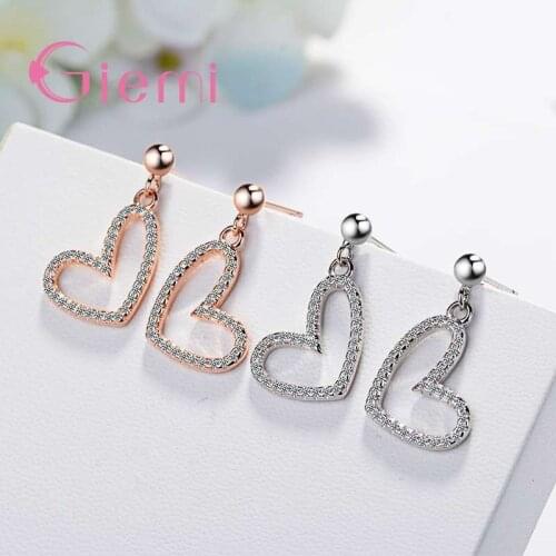 Romantic 925 Sterling Silver Jewelry Love Heart Hollow Drop Earrings for Ladies Party Accessories Silver/Rose Gold Color