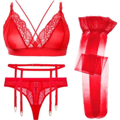 Womens black wire free cross strap sexy bra lingerie womens single layer lace thong bra+garter belt+thong+stockings 4 pcs/pack