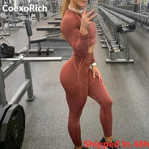 Woman Long Sleeve Sport Suit 2 Piece Geo Seamless Yoga Set Hollow Gym Clothes Fitness Crop Top High Waist Workout Leggings Pants