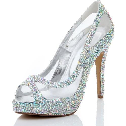 Diamond Womens Shoes Mesh Fish Mouth Thin Heel High Heels Sandals Fashion Crystal Banquet Pumps Sexy Shoes Woman Sandalias