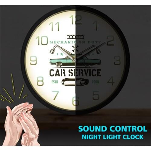 Auto Sign Garage Sound Activated Light Emitting Wall Clock Mechanic On Duty Car Service Light Lamp Car Repair Metal Frame Watch