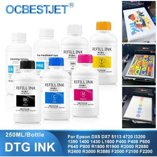 250ML DTG Ink Textile InK Garment Ink For DX4 DX5 DX6 DX7 DX10 Printhead For Epson 1390 R1900 R2000 F2000 F2100 7Colors Optional