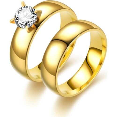 Zircon Couple Rings Gold Color Stainless Steel Engagement Wedding CZ Rings For Women Men Vintage Korean Style Jewelry Gifts