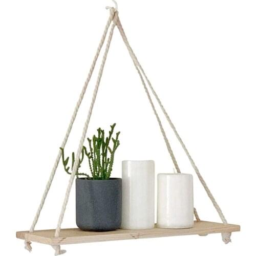 2PCS Wooden Rope Swing Wall Hanging Shelves Plant Flower Mounted Floating Wall Shelves Home Decoration Modern Simple Design