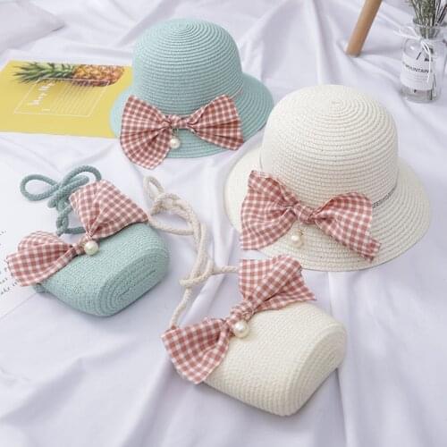 2pcs Child Summer Straw Hat 2-6Y Female Baby Girls Hat Matching Bag Sun Shade Flower Pot Hat Beach Beach Hat Backpack Matching
