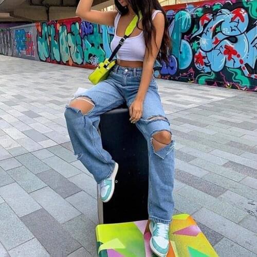 High Waist Hole Jeans 2021 Fashion Women Sexy Baggy Denim Pants Loose Wide Leg Pants Summer Casual Straight Trouser Streetwear