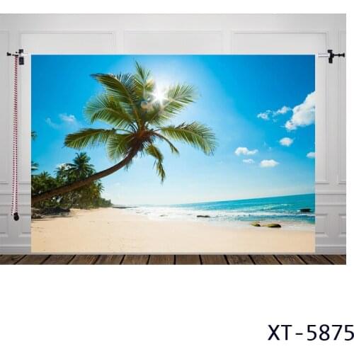 HUAYI Sea Beach Photography Backdrop Tropical Seaside Coconut Palm Tree Island Background For Summer Holiday Party Photocall