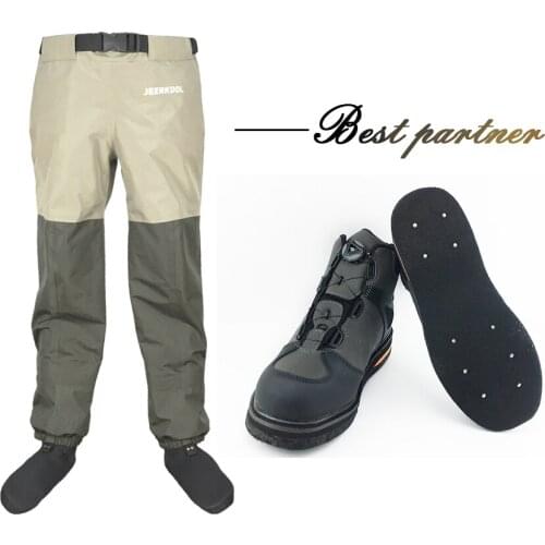 JEERKOOL Fly Fishing Self Lock Shoes & Pants Felt Sole With Nails Aqua Rocking Waders Set Wading Waterproof Suit Rock Sport