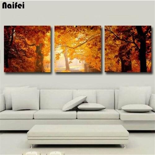 3 Pcs 5d Diy Diamond Painting Diamond Embroidery Gold Maples Forest Full Square/Round Drill Mosaic Wall Art Landscape Home Decor
