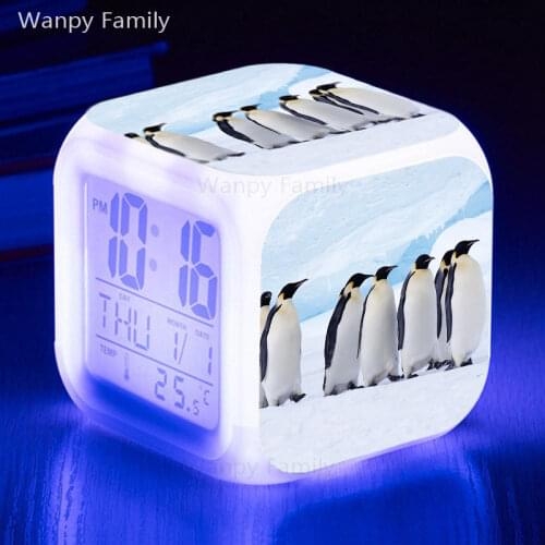 Very cute penguins Alarm Clock Led Big screen Digital Alarm Clocks Childrens room Multifunction Color changing Alarm Clocks