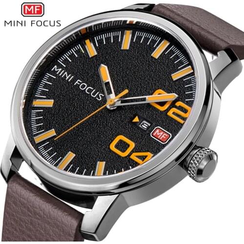 MINI FOCUS Fashion Creative Watch Men Quartz Analog Clock Brown Leather Strap Date Display Top Brand Luxury Wristwatches 2019