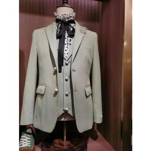 2021 Tailor made luxury ching cyan pearl button groom wedding suits men slim fit 3 piece fashion business party formal Blazer