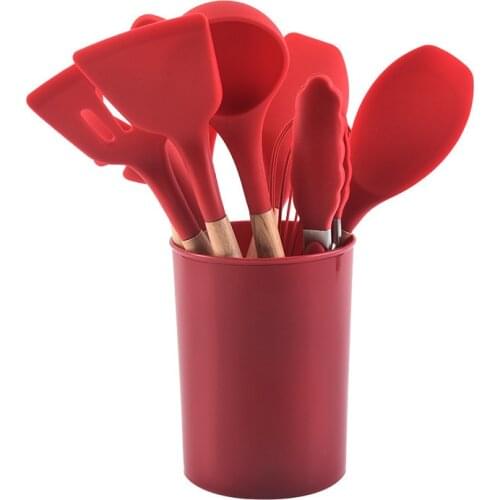 Silicone Cooking Utensils Set Non-stick Spatula Soup Spoon Wooden Handle with Storage Box Kitchen Tools Set Gifts for Mother