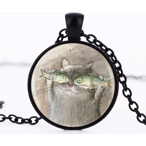 Cat And Fish Pendant Necklace Long Chian Statement Handmade Fashion Glass Necklace Jewelry