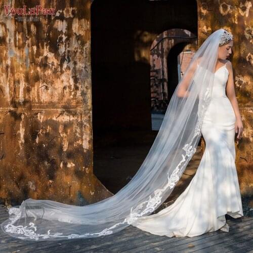 YouLaPan V62 Cathedral Wedding Veil with Comb White Wedding Veil with Flower-Leaf Appliqued Edge Wedding Veil for Bride Dress