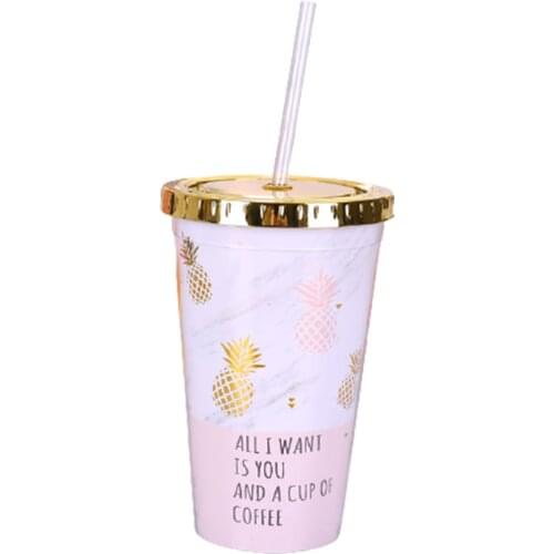 Pink Pineapple Coffee Mugs BPA Free Plastic Water Bottle Travel Mug Portable Tea Milk Juice Cup With Straw Drinkware 420ML 1pc