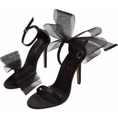 Women Sandals Summer Ladies Round Toe Flock Mesh Thin Heels High heels Buckle Strap Butterfly-knot women shoes size 35-42 black