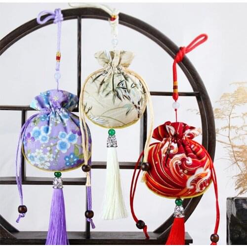 Chinese Style Tassel Sachet Retro Crane Sea Wave Flower Cherry Blossom Pattern Hanfu Accessories Carry Pouch Jewelry Storage Bag