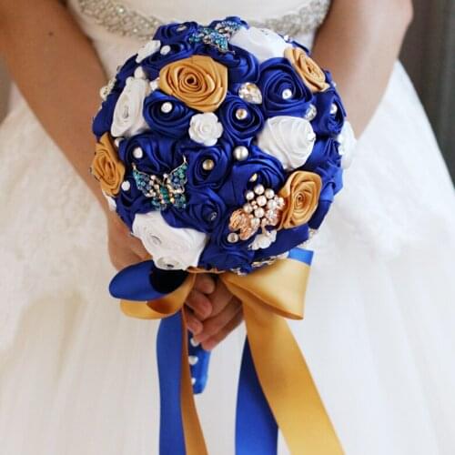 Midnight blue brooch bouquet Silk Rose Bride Bridal Wedding Bouquet Bridesmaid Multicolor various colors Cloth roses bouquets 7