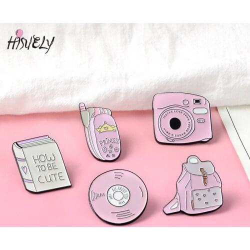 Creative cartoon pink brooch fashion cute school bag phone alloy wild enamel book camera pin