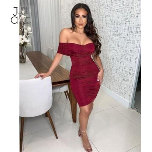 Justchicc Off Shoulder Pleated Party Dress Women Slash Neck Solid Mini Sexy Vestidos Sleeveless Backless Club Bodycon Dresses