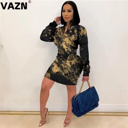 VAZN 2020 Top Quality Daily Overalls Sexy Elegant Young Fashion Full Sleeve Women High Waist Thin Mini Dress