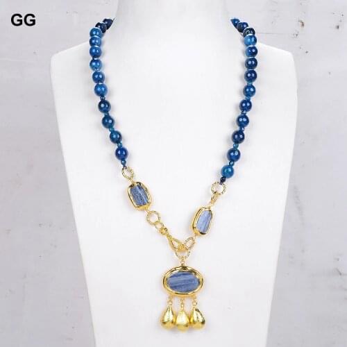 GuaiGuai Jewelry Natural Blue Agate Necklace Blue Kyanite Pendant 23"