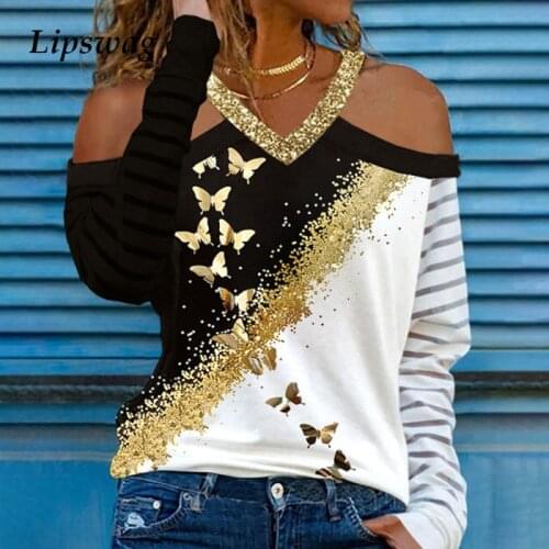 Vintage Butterfly Print Womens Long Sleeve T-shirt Casual Loose V-Neck Pullover Tops Autumn Ladies Off Shoulder Tees Streetwear