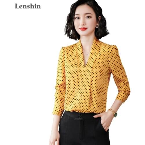Lenshin Polka Dot Loose Chiffon Shirt Breathable Soft V-neck Draped Blouse Women Female Wear Casual Style Office Lady Tops