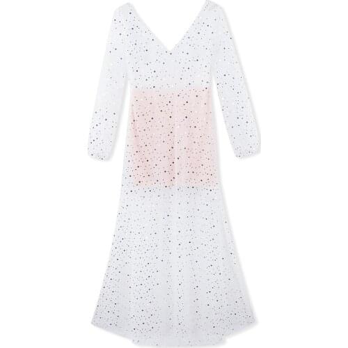 Neatie kiddie Solid Sequin Party Night Sexy Dress Women Clothing V-neck Long Sleeve Long Vestidos Lady See-through Backless Robe