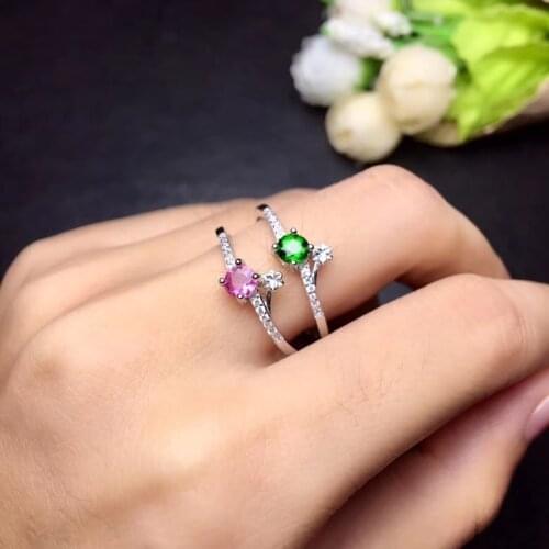 Natural red tourmaline Ring Natural green diopside gem ring S925 silver small Flower thin women girl gift party fine Jewelry