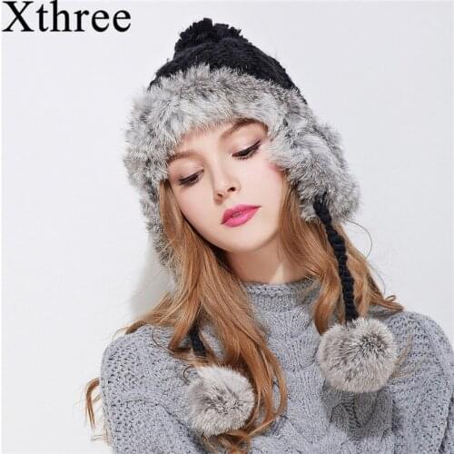Xthree ear flaps winter bomber hat for women rabbit fur knitting hat girl warm solid color cap cozy bonnet caps