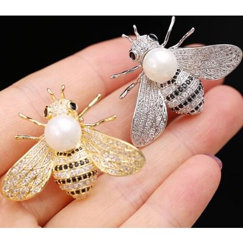 2pcs Womens White Pearl Cz Pave Bee Brooch