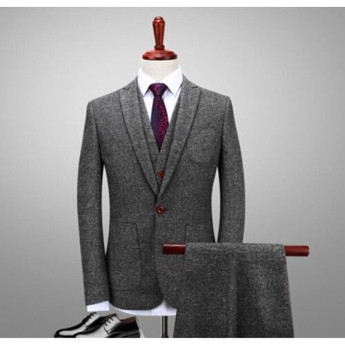 2017 Latest Coat Pant Designs Winter Smoking Grey Tweed Men Suit Groom Wedding Suits Slim Fit 3 Piece Tuxedo Custom Blazer Terno
