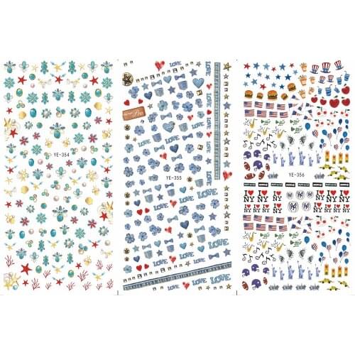 3 PACK/ LOT WATER DECAL NAIL ART NAIL STICKER FLOWER USA FLAG HELMET LIBERTY STATUE YE354-356
