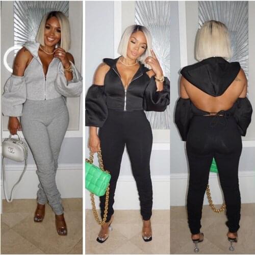 3Y5169 Autumn Winter Women Casual Fashion Solid Hollow Out with Hood Sports Zipper Two Piece Set Tracksuit Sweatsuit Outfits Hot