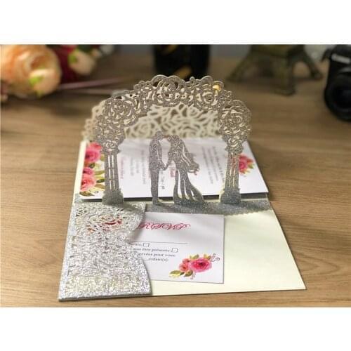 50pcs Elegant Glitter Laser Cutting Pop-Up 3D Wedding Invitations Cards for Wedding Bridal Shower Engagement Party, Customizable