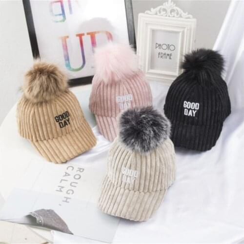 Newborn Baby Boys Girls Lovely Baseball Caps Letter Embroidery Corduroy Trucker Hat with Furry Balls Pompom Toddler Accessories