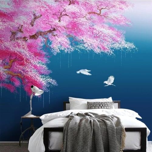 Custom 3D Photo Mural Chinese Style Pink Peach Blossom Flower Ink Blue River Wallpaper Bedroom Living Room Sofa Background Wall