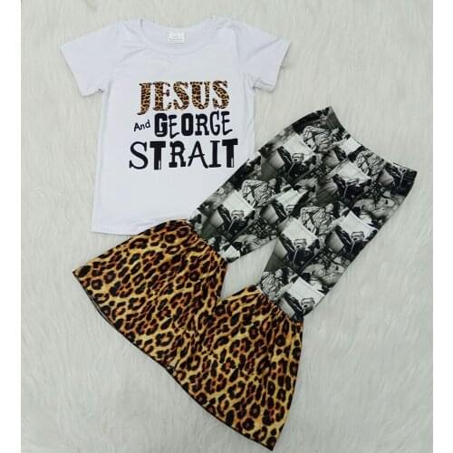 Easter Day girl boutique outfit kids top with Jesus letters and leopard pattern bell pants set