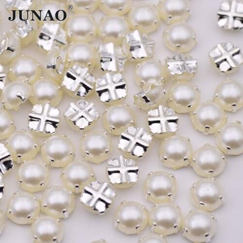JUNAO 100pcs 6 7 8mm Sewing White Pearl Beads Silver Claw Rhinestones Flatback Half Round Pearls Appliques Sew on Strass Crafts