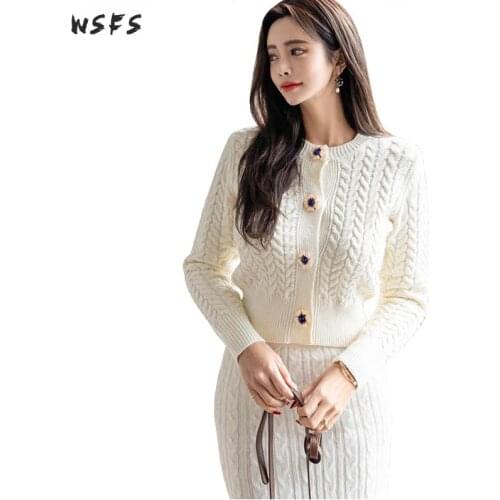 2 Piece Set Autumn Knitted Dresses Oneck Full Sleeve Tops Women Dress White Midi Pencil Skirts Sexy Party Sweater Office Clothes