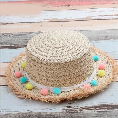 Cute sweet Child Girls Straw Sun Hat Kids Large Brim Beach Summer Beach Small Ball Round Flat Top straw hat