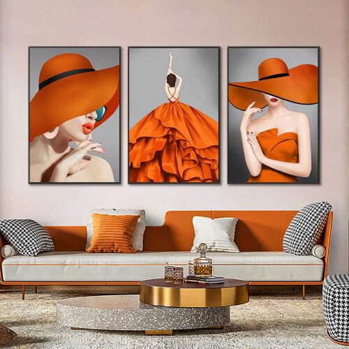 Fashion Lady Girl With Orange Hat Skirt Painting Modern Canvas Posters And Prints Wall Art picture For Living Room Decoration