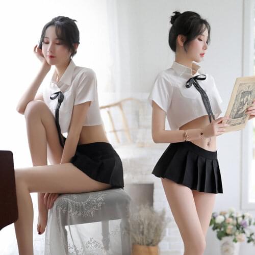 2020 New Sexy lingerie female sense exposed navel shirt pleated skirt pure split student wear college style girl suit